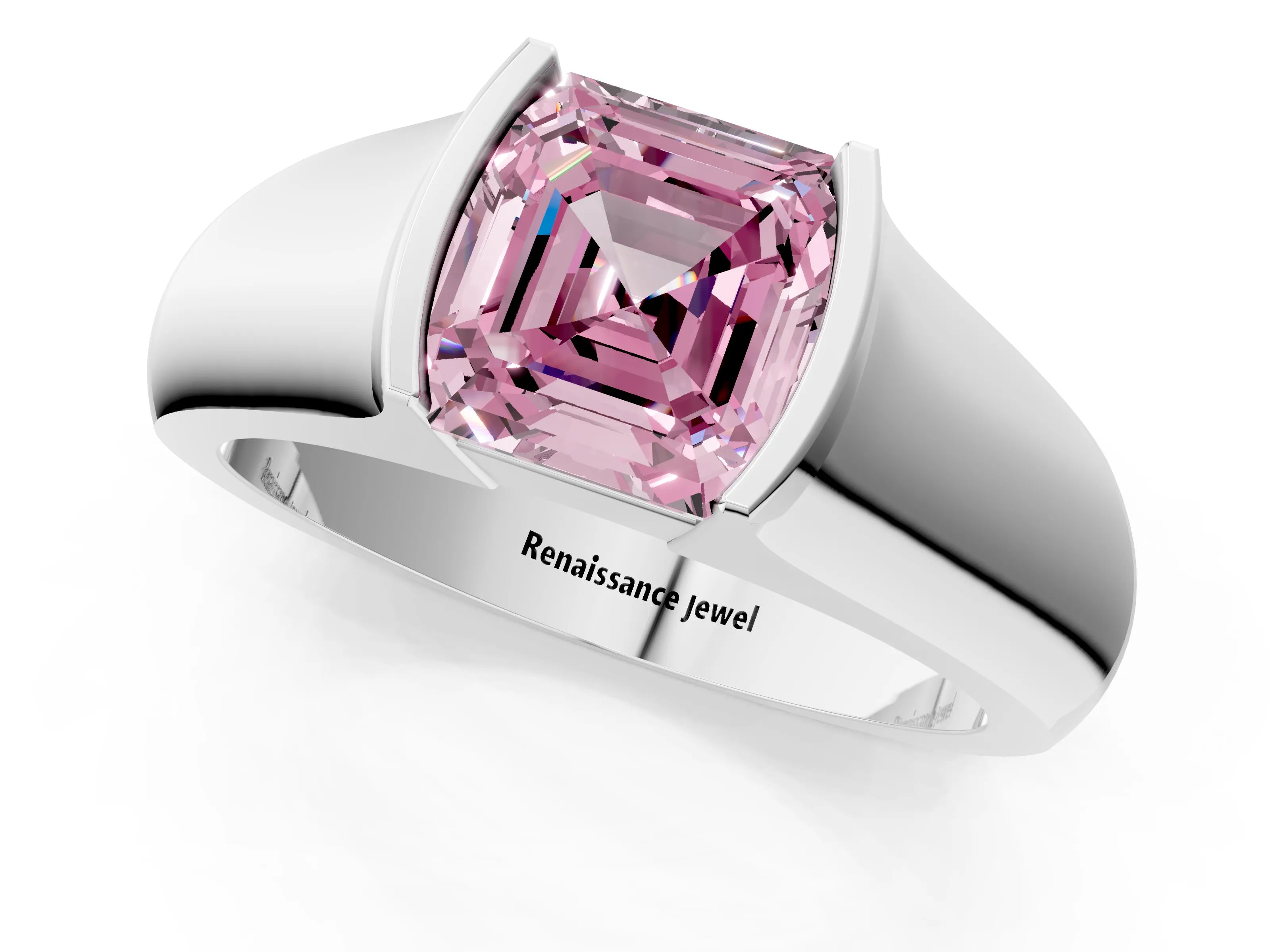 White gold Fancy Pink Asscher Cut Solitaire Bezel Set Diamond Ring with Wide Band_13