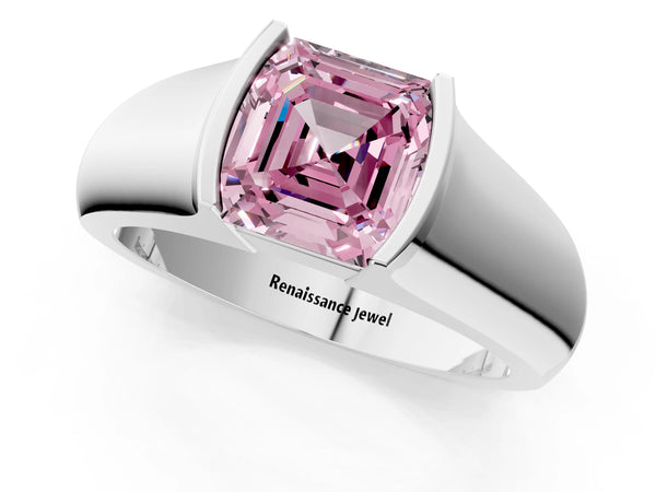 Platinum Asscher Cut Half Bezel Engagement Ring Setting for Fancy Pink Center - Design RJ-777