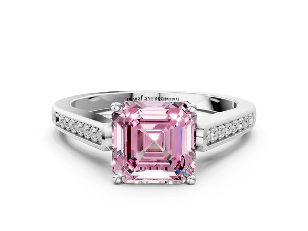 Platinum Asscher Cut Cathedral Solitaire Engagement Ring Setting for Fancy Pink Center