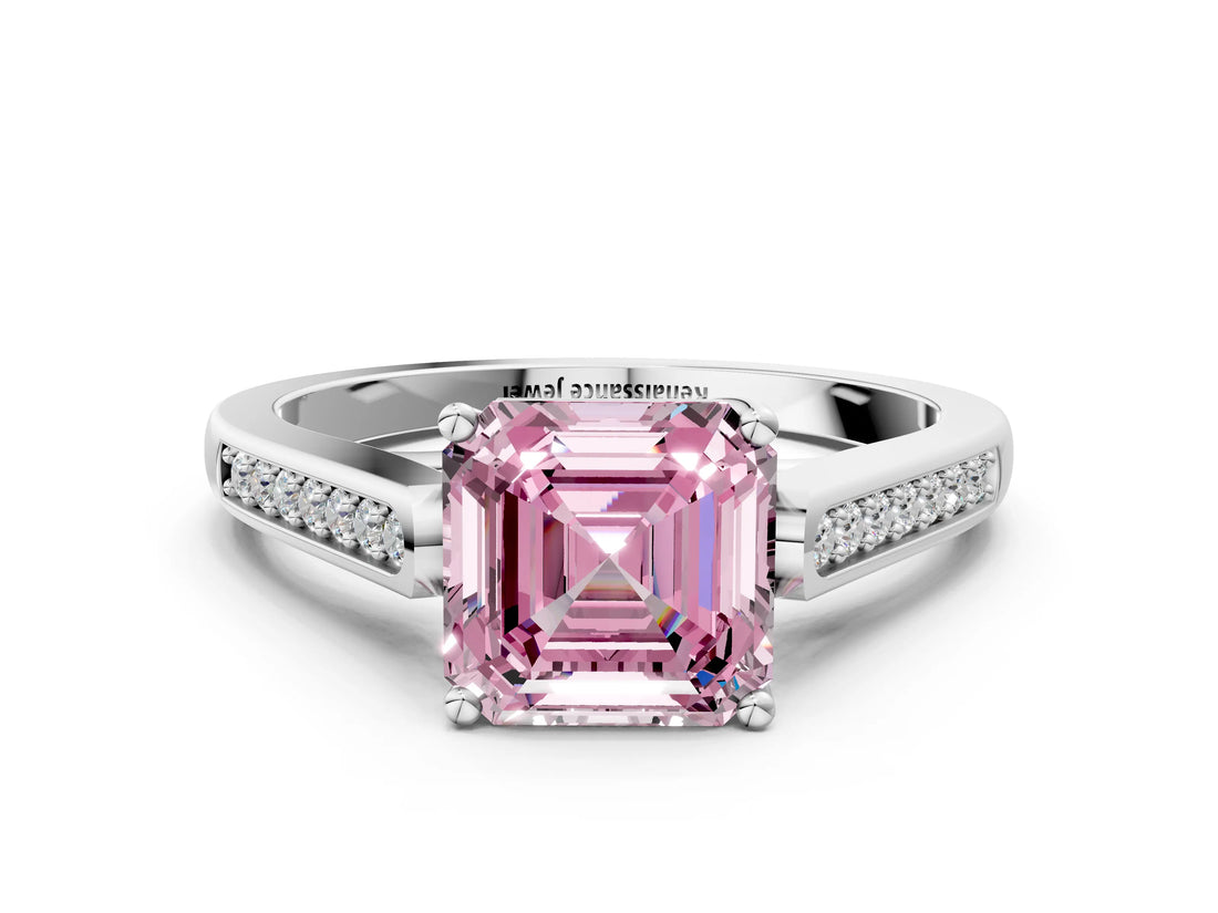 White gold Fancy Pink Asscher Cut Solitaire Cathedral Diamond Engagement Ring with Channel-Set Band and Four-Prong Setting_15
