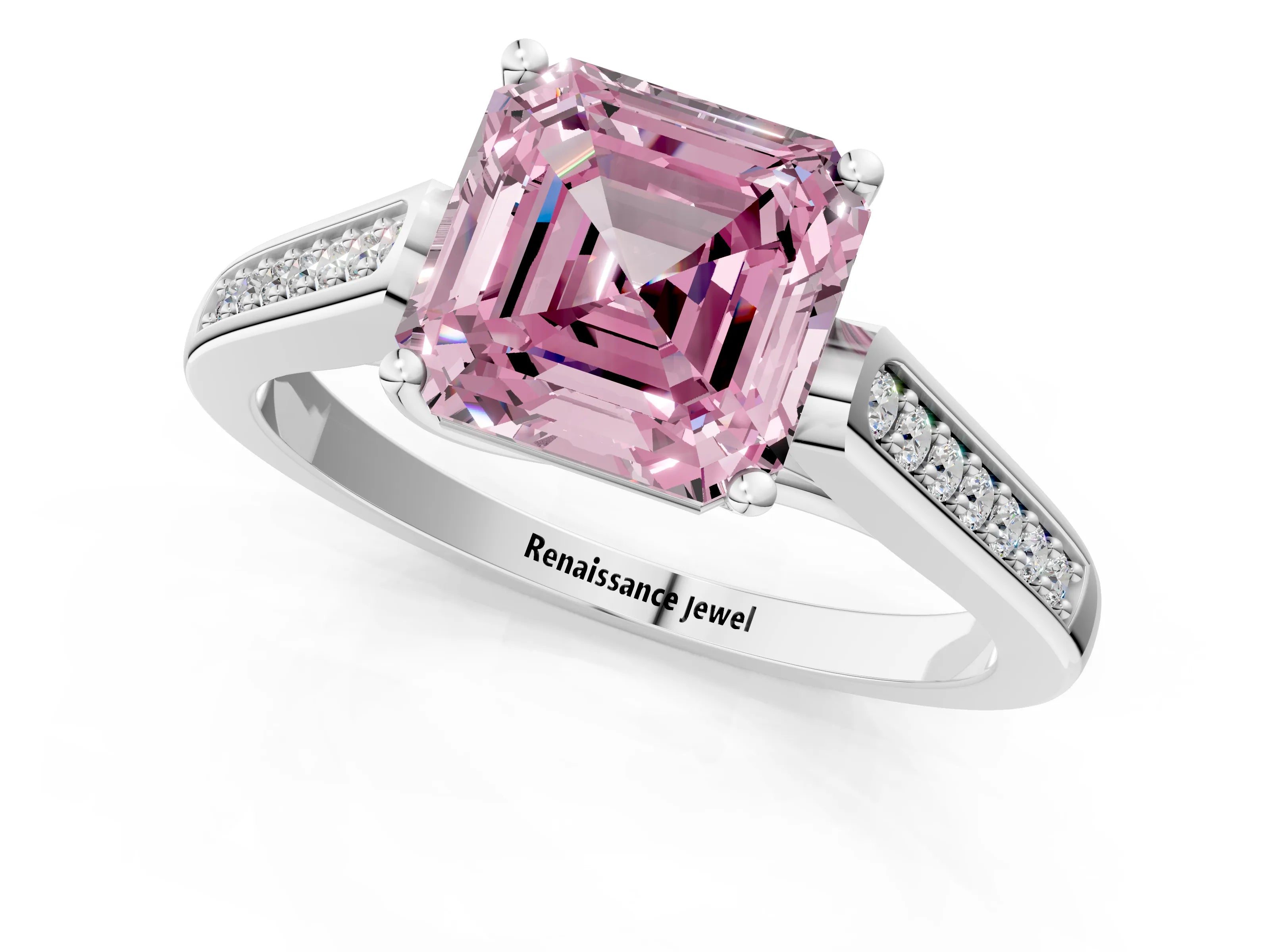 White gold Fancy Pink Asscher Cut Solitaire Cathedral Diamond Engagement Ring with Channel-Set Band and Four-Prong Setting_16