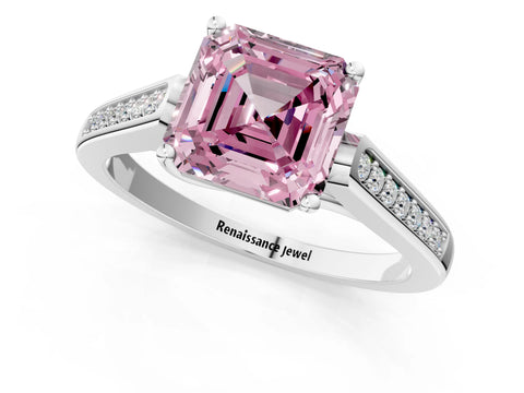 White gold Fancy Pink Asscher Cut Solitaire Cathedral Diamond Engagement Ring with Channel-Set Band and Four-Prong Setting_16