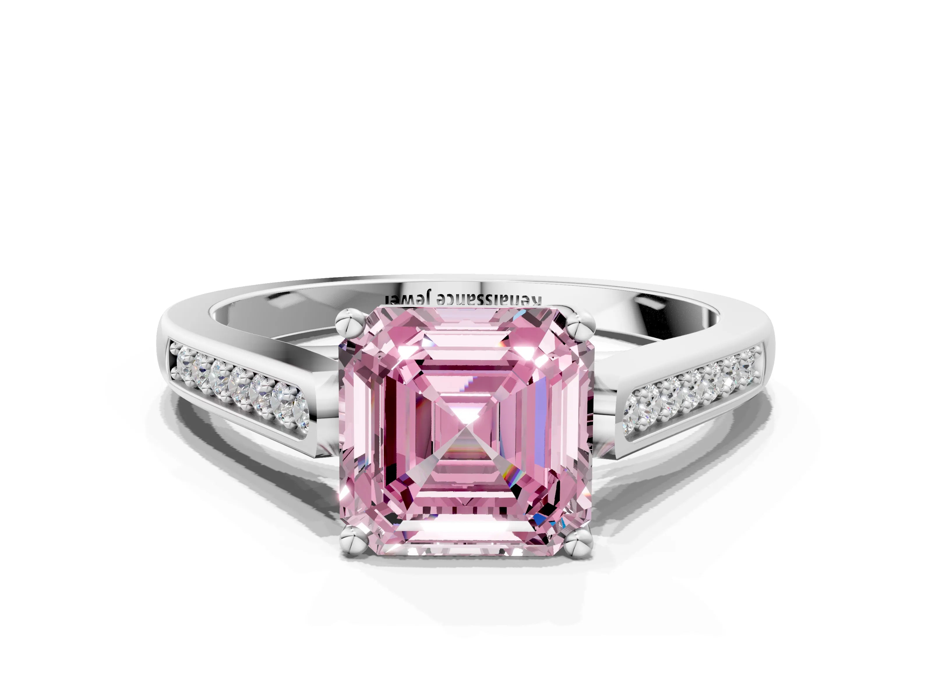 White gold Fancy Pink Asscher Cut Solitaire Cathedral Diamond Engagement Ring with Channel-Set Band and Four-Prong Setting_3