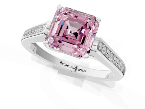 White gold Fancy Pink Asscher Cut Solitaire Cathedral Diamond Engagement Ring with Channel-Set Band and Four-Prong Setting_4