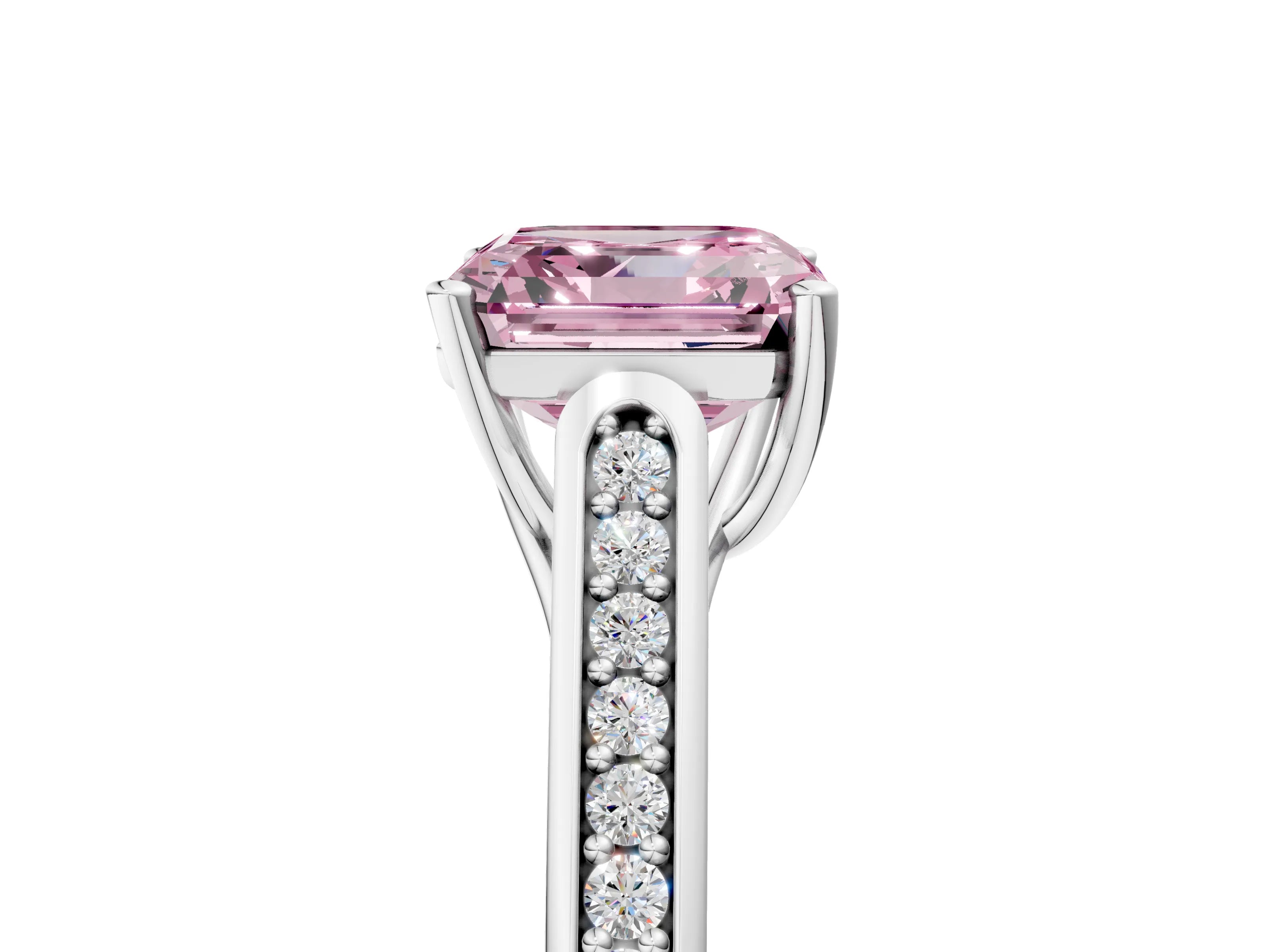 White gold Fancy Pink Asscher Cut Solitaire Cathedral Diamond Engagement Ring with Channel-Set Band and Four-Prong Setting_8