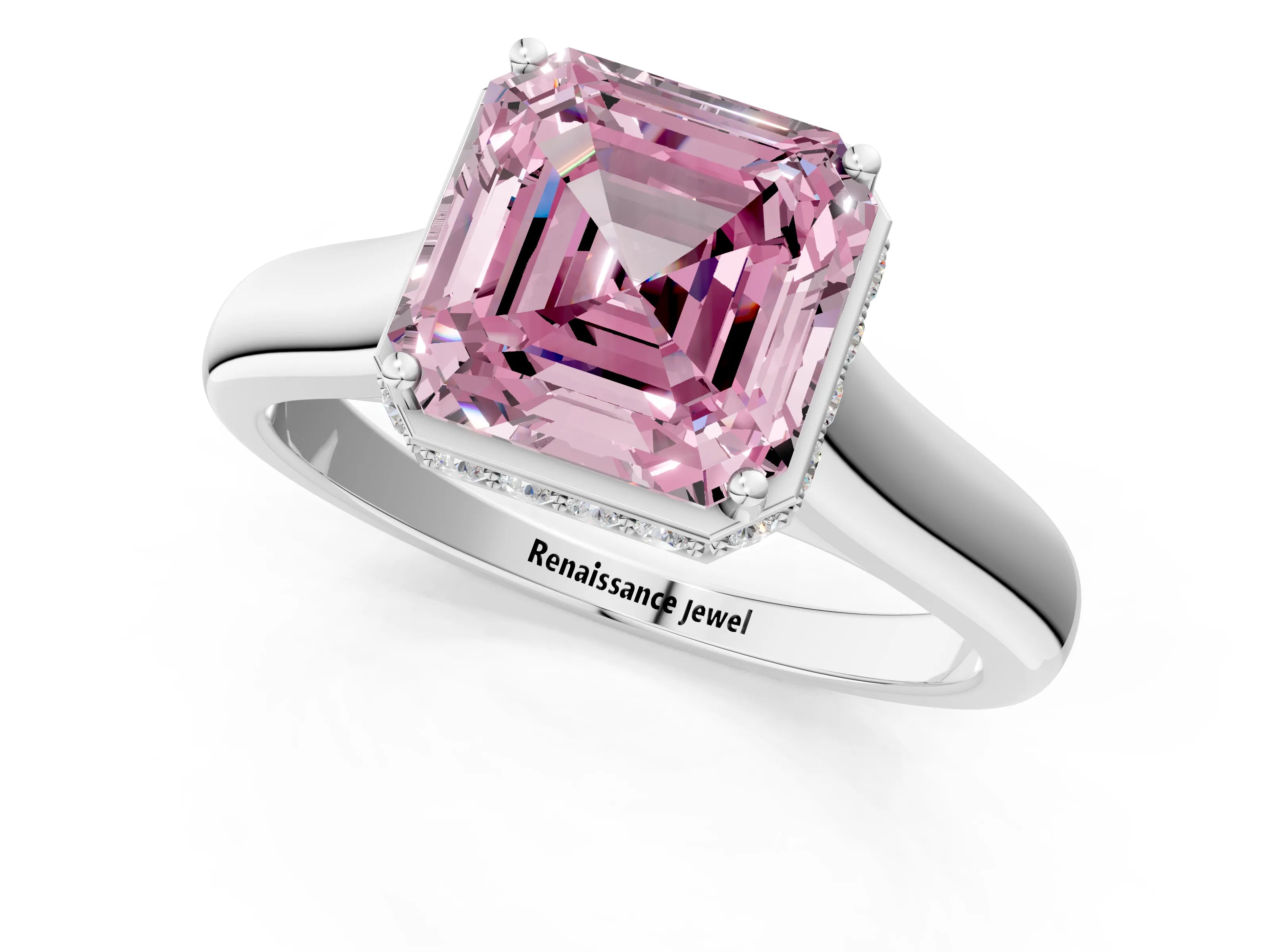 White gold Fancy Pink Asscher Cut Solitaire Diamond Engagement Ring with Four-Prong Setting and Tapered Band_13