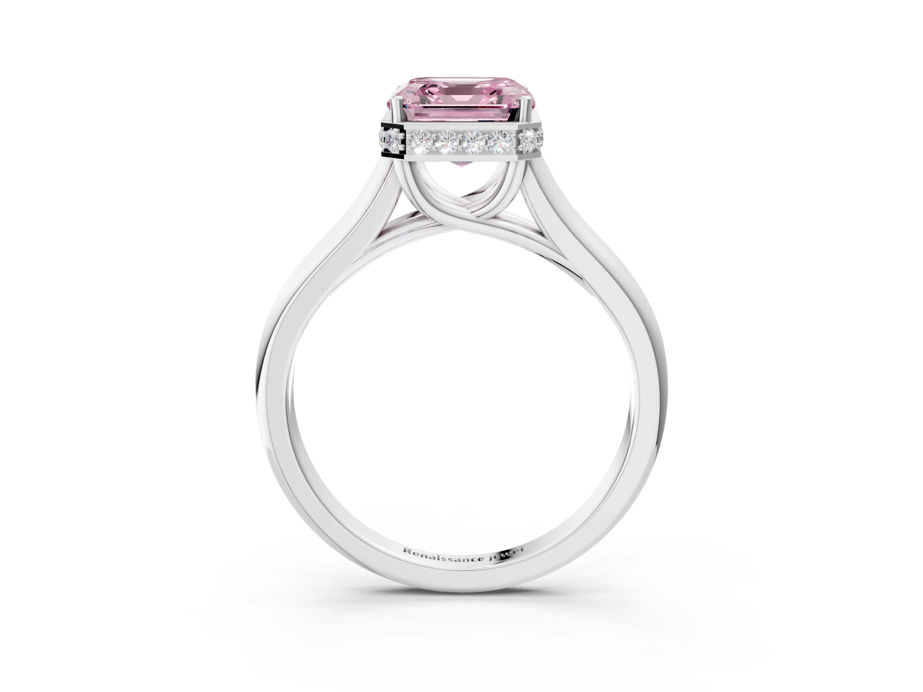 White gold Fancy Pink Asscher Cut Solitaire Diamond Engagement Ring with Four-Prong Setting and Tapered Band_15