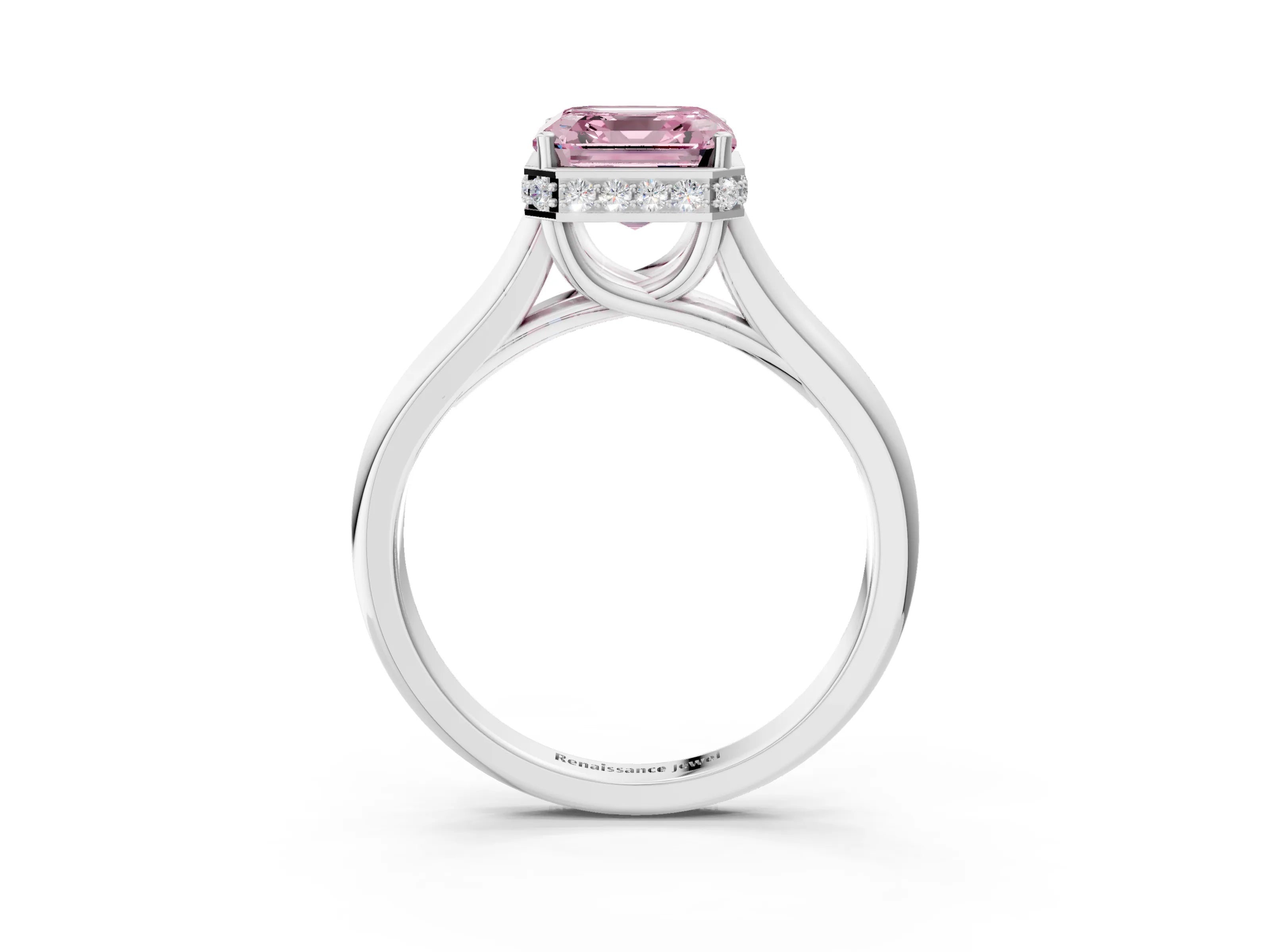 White gold Fancy Pink Asscher Cut Solitaire Diamond Engagement Ring with Four-Prong Setting and Tapered Band_3