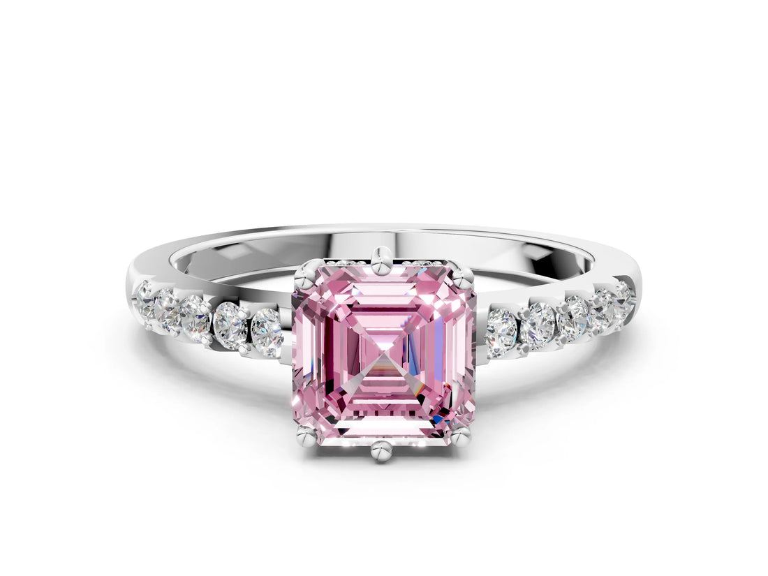 White gold Fancy Pink Asscher Cut Solitaire Diamond Engagement Ring with Pavé Band and Six-Prong Setting_120
