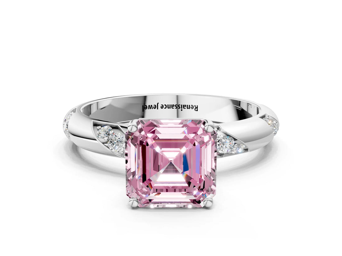 White gold Fancy Pink Asscher Cut Solitaire Diamond Engagement Ring with Twisted Pave Band and Four-Prong Setting_19