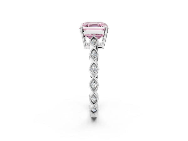 White gold Fancy Pink Asscher Cut Solitaire Diamond Ring with Infinity Twist Band and Four-Prong Setting