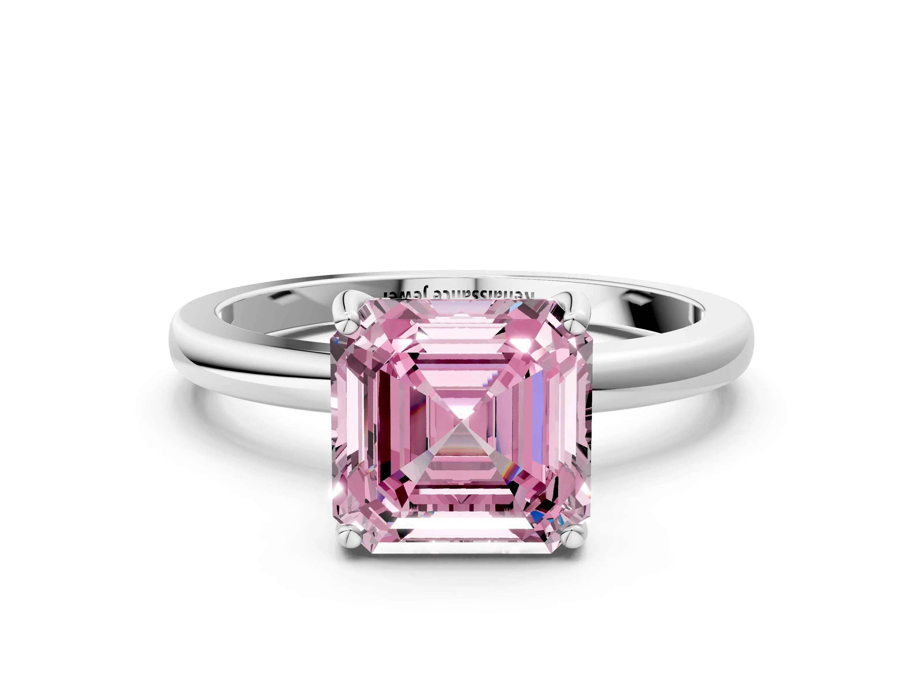 White gold Fancy Pink Asscher Cut Solitaire Diamond Ring with Prong Setting and Plain Band_12