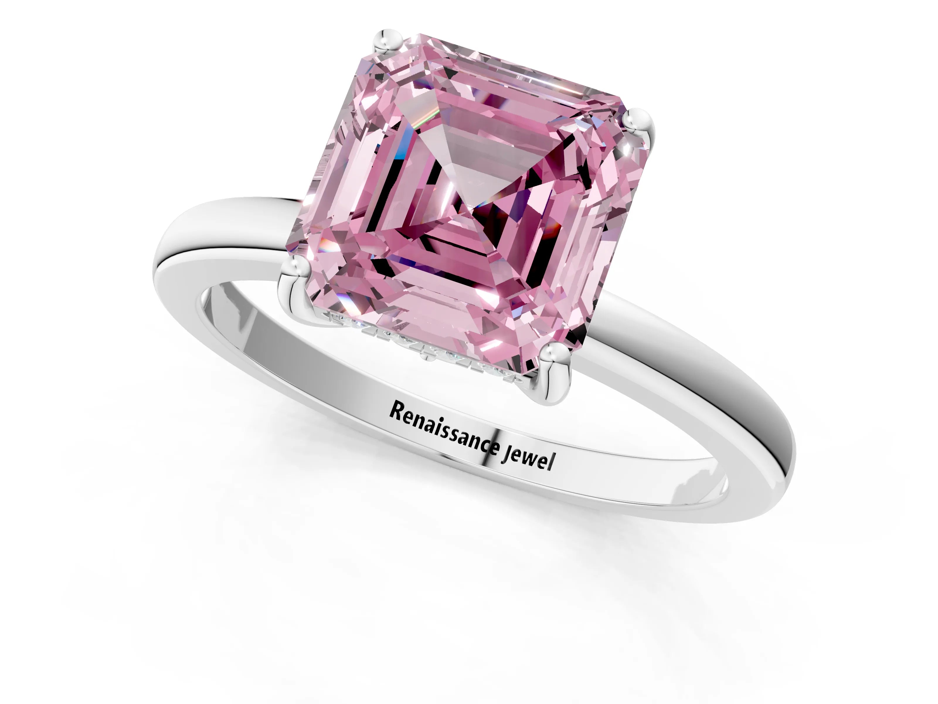 White gold Fancy Pink Asscher Cut Solitaire Diamond Ring with Prong Setting and Plain Band_13