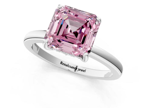 White gold Fancy Pink Asscher Cut Solitaire Diamond Ring with Prong Setting and Plain Band_13