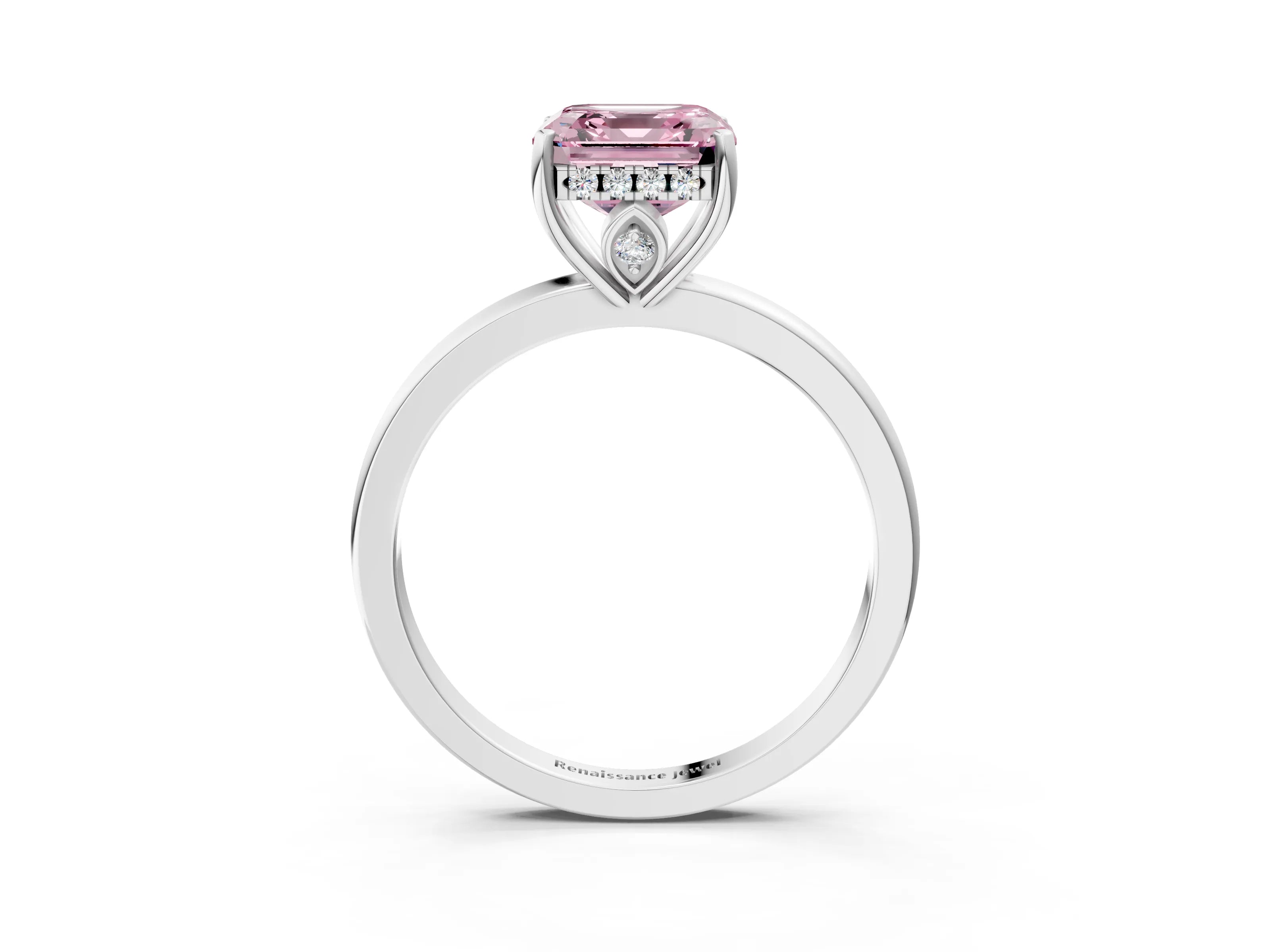 White gold Fancy Pink Asscher Cut Solitaire Diamond Ring with Prong Setting and Plain Band_15