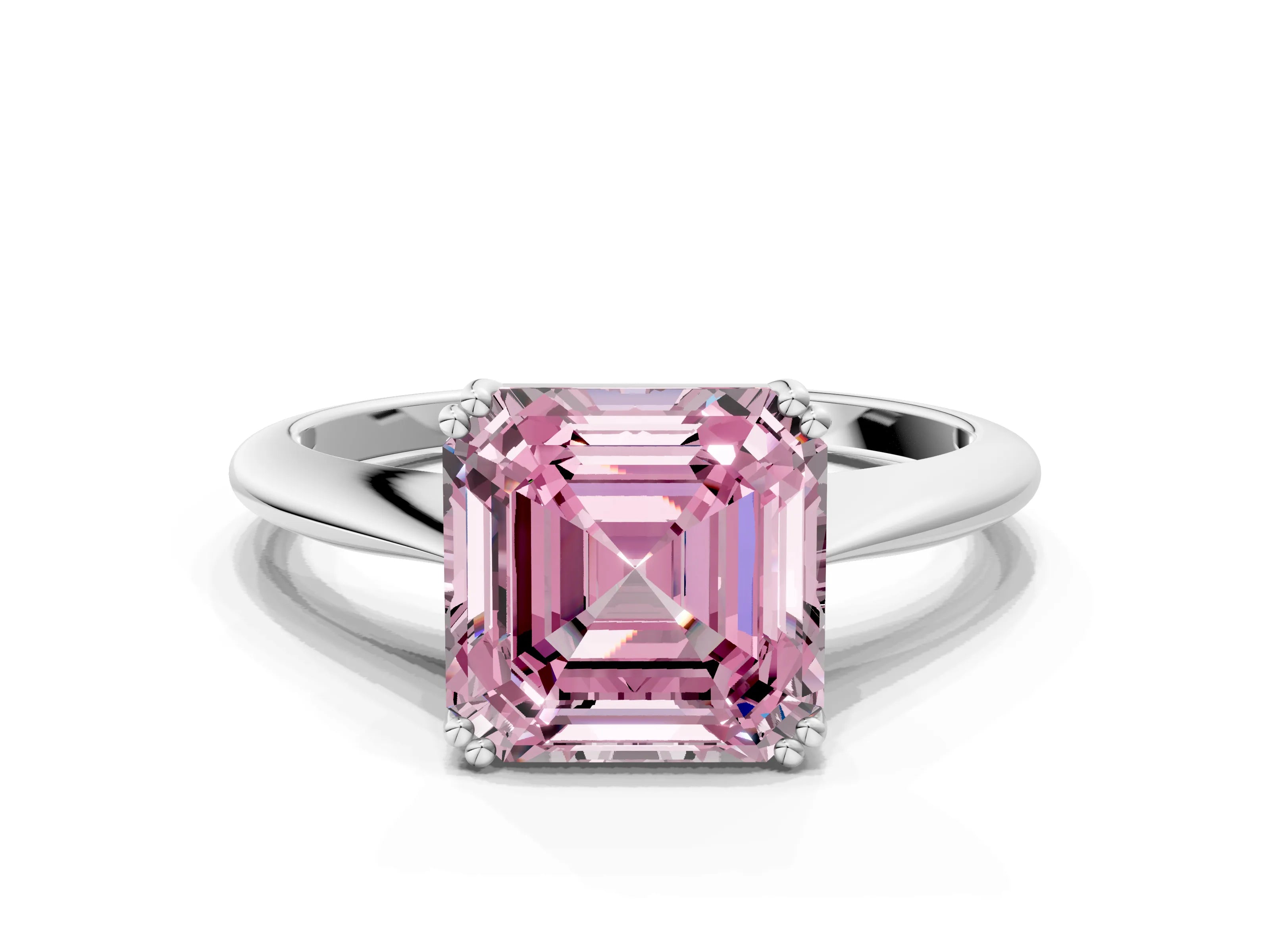 White gold Fancy Pink Asscher Cut Solitaire Diamond Ring with Six-Prong Setting and Classic Band
