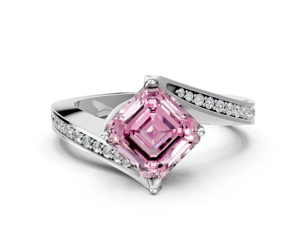 Platinum Asscher Cut Swirl Bypass Pave Engagement Ring Setting for Fancy Pink Center