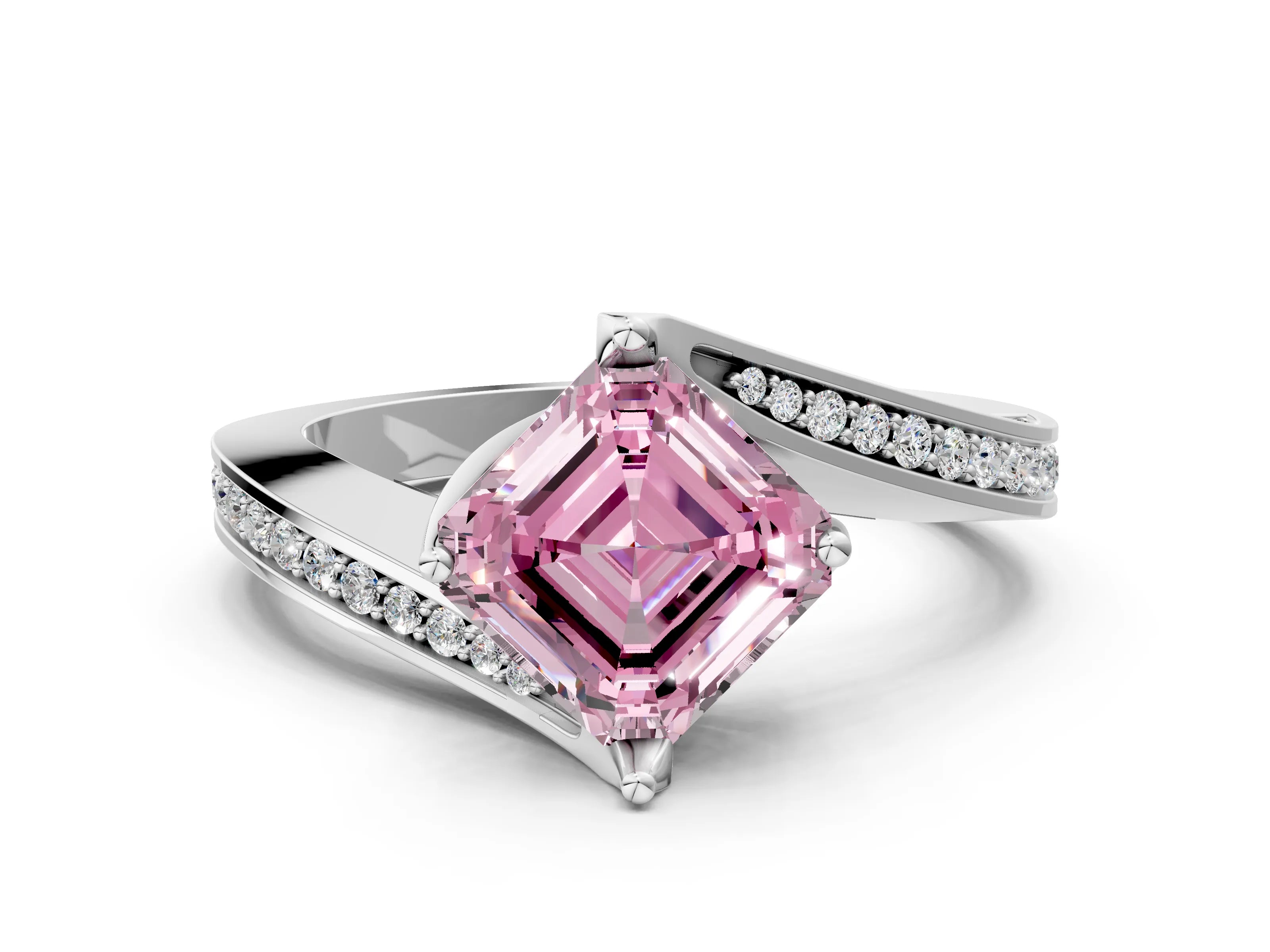 White gold Fancy Pink Asscher Cut Solitaire Diamond Twist Band with Pavé Setting and Four-Prong Setting_12