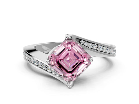White gold Fancy Pink Asscher Cut Solitaire Diamond Twist Band with Pavé Setting and Four-Prong Setting_12