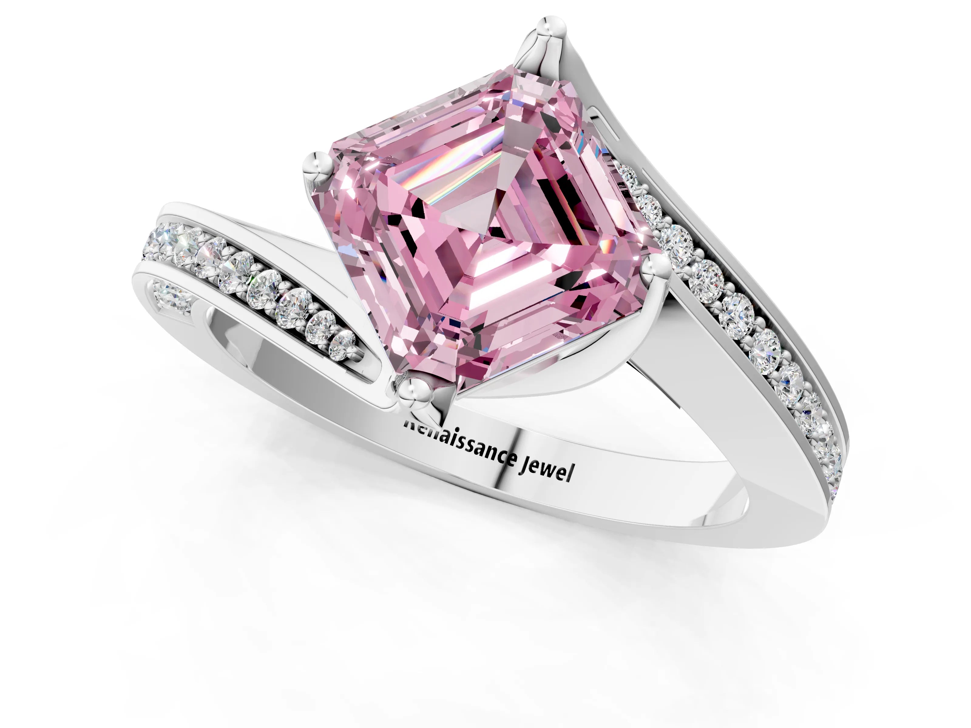White gold Fancy Pink Asscher Cut Solitaire Diamond Twist Band with Pavé Setting and Four-Prong Setting_13