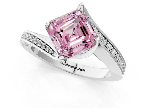 Platinum Asscher Cut Swirl Bypass Pave Engagement Ring Setting for Fancy Pink Center