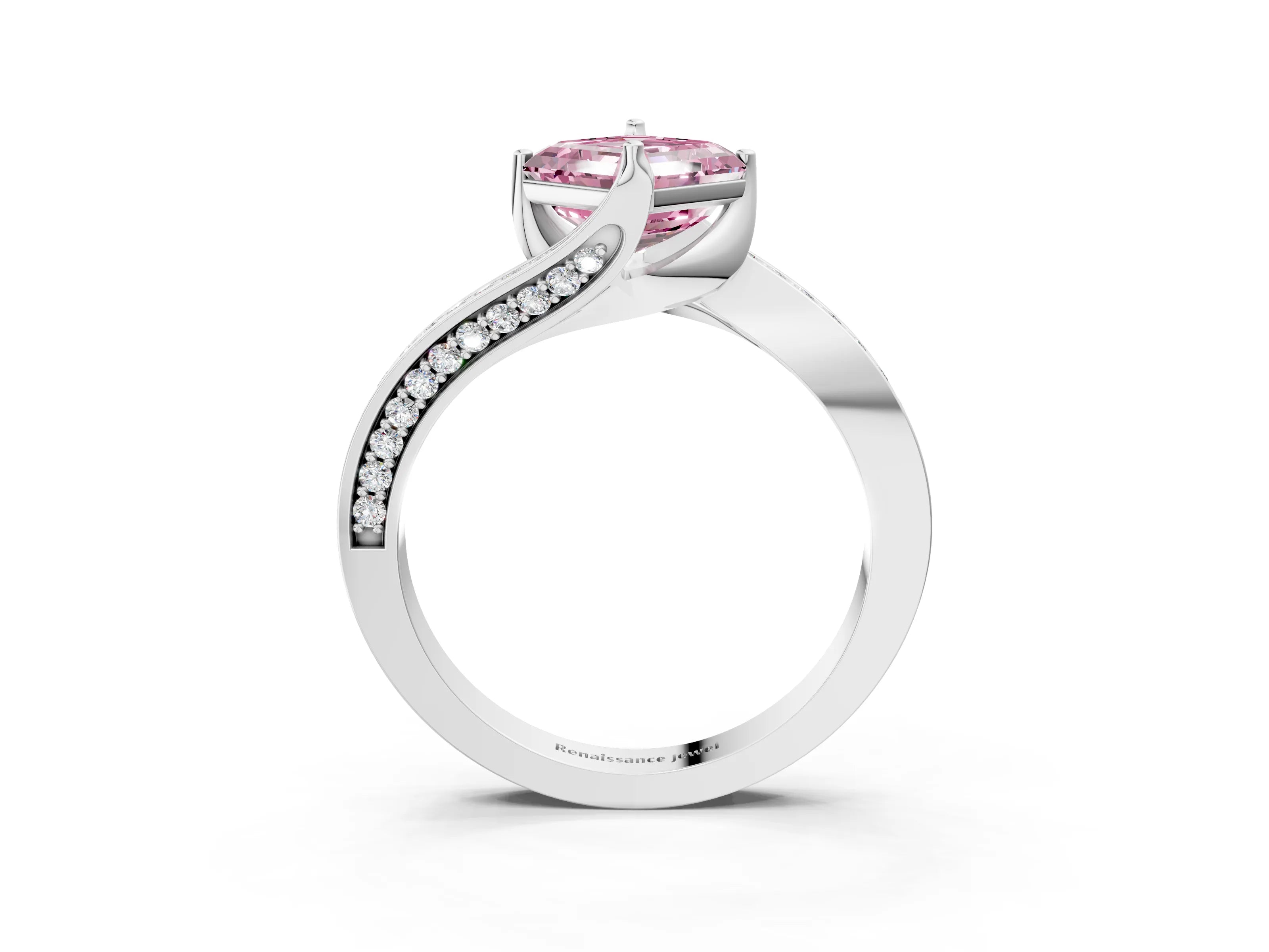 White gold Fancy Pink Asscher Cut Solitaire Diamond Twist Band with Pavé Setting and Four-Prong Setting_15