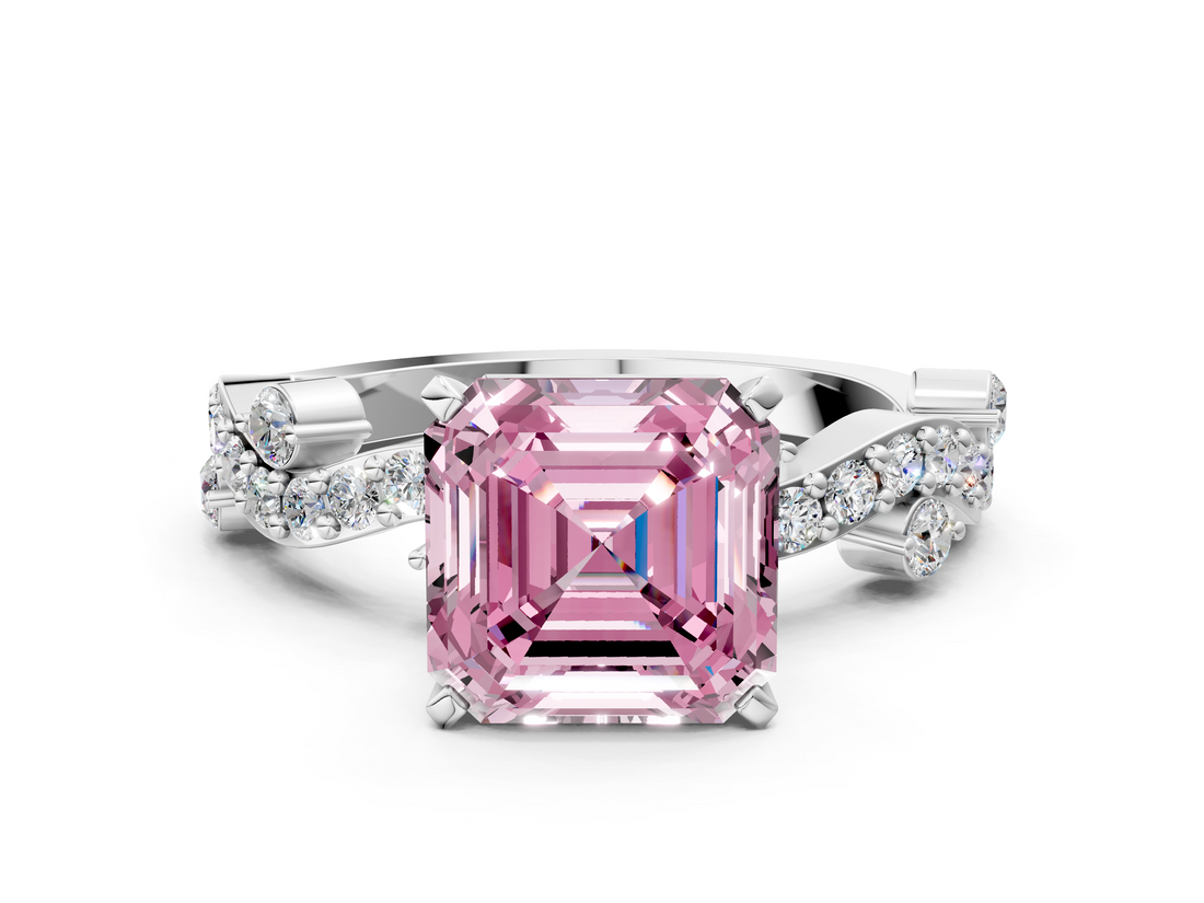White gold Fancy Pink Asscher  Cut Solitaire Diamond Twisted Band with Pave Setting_17