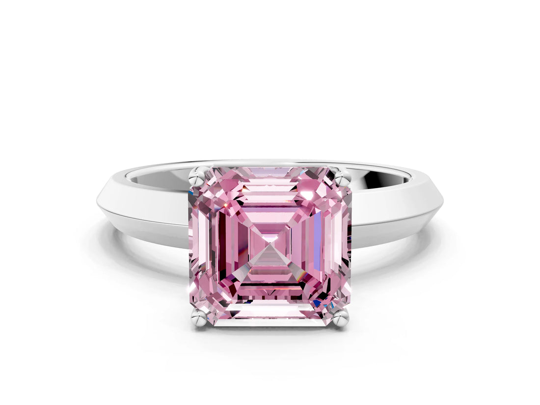 White gold Fancy Pink Asscher  Cut Solitaire Engagement Ring with Flat Band and Four-Prong Setting