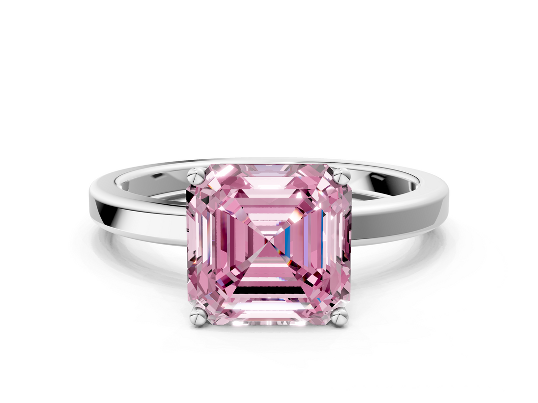 White gold Fancy Pink Asscher  Cut Solitaire Engagement Ring with Four-Prong Setting on a Classic Band