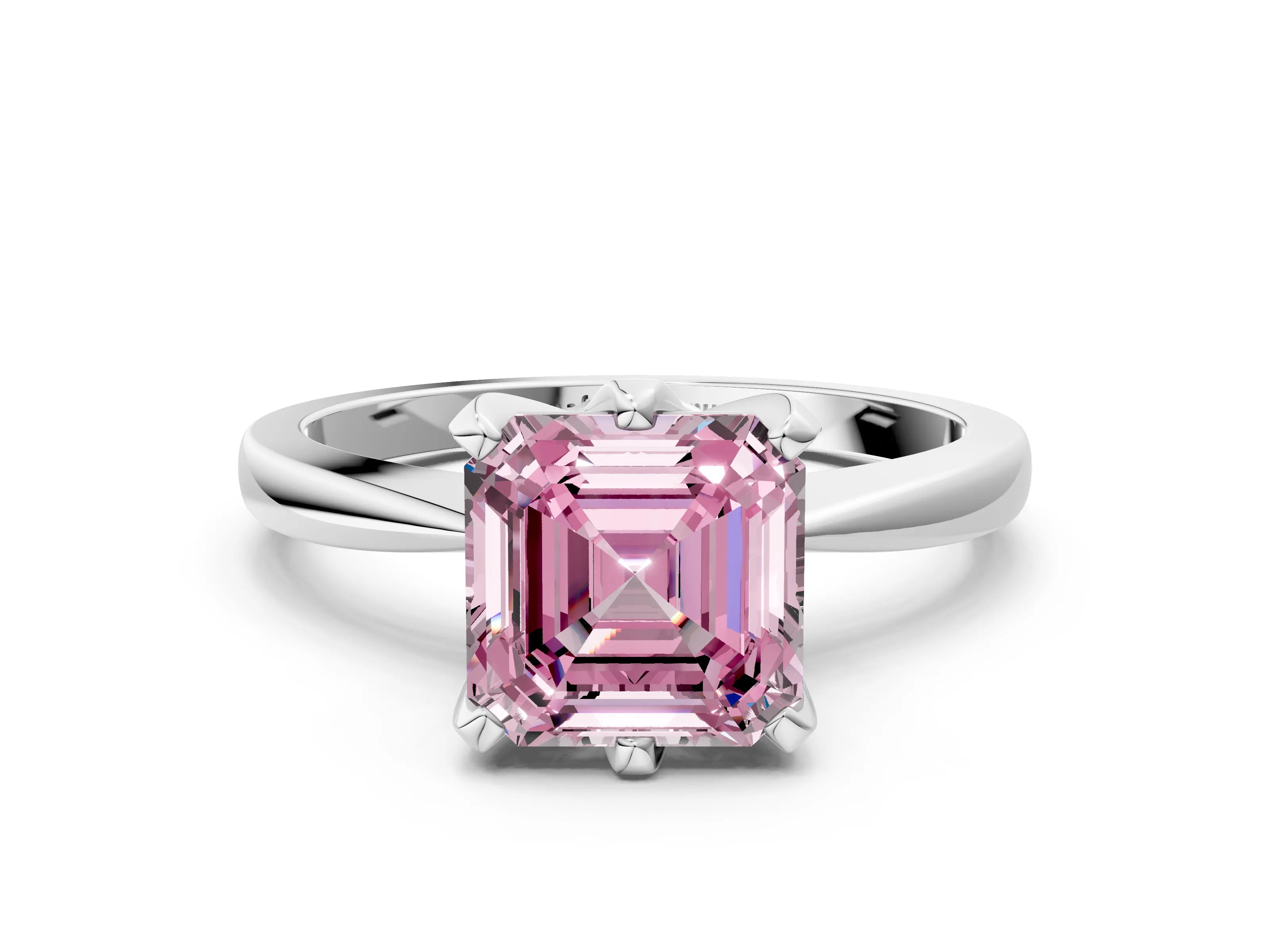 White gold Fancy Pink Asscher Cut Solitaire Engagement Ring with Six-Prong Setting and Tapered Band