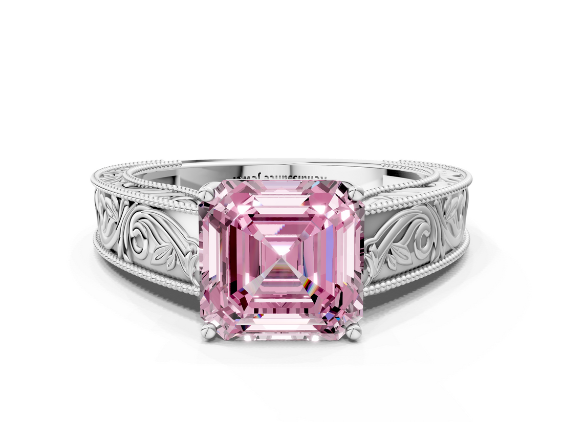 White gold Fancy Pink Asscher  Cut Solitaire Engraved Band with Four-Prong Setting