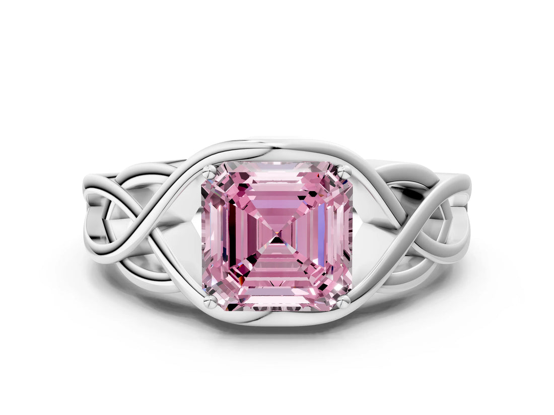 White gold Fancy Pink Asscher Cut Solitaire Intertwined Band Prong Setting Ring