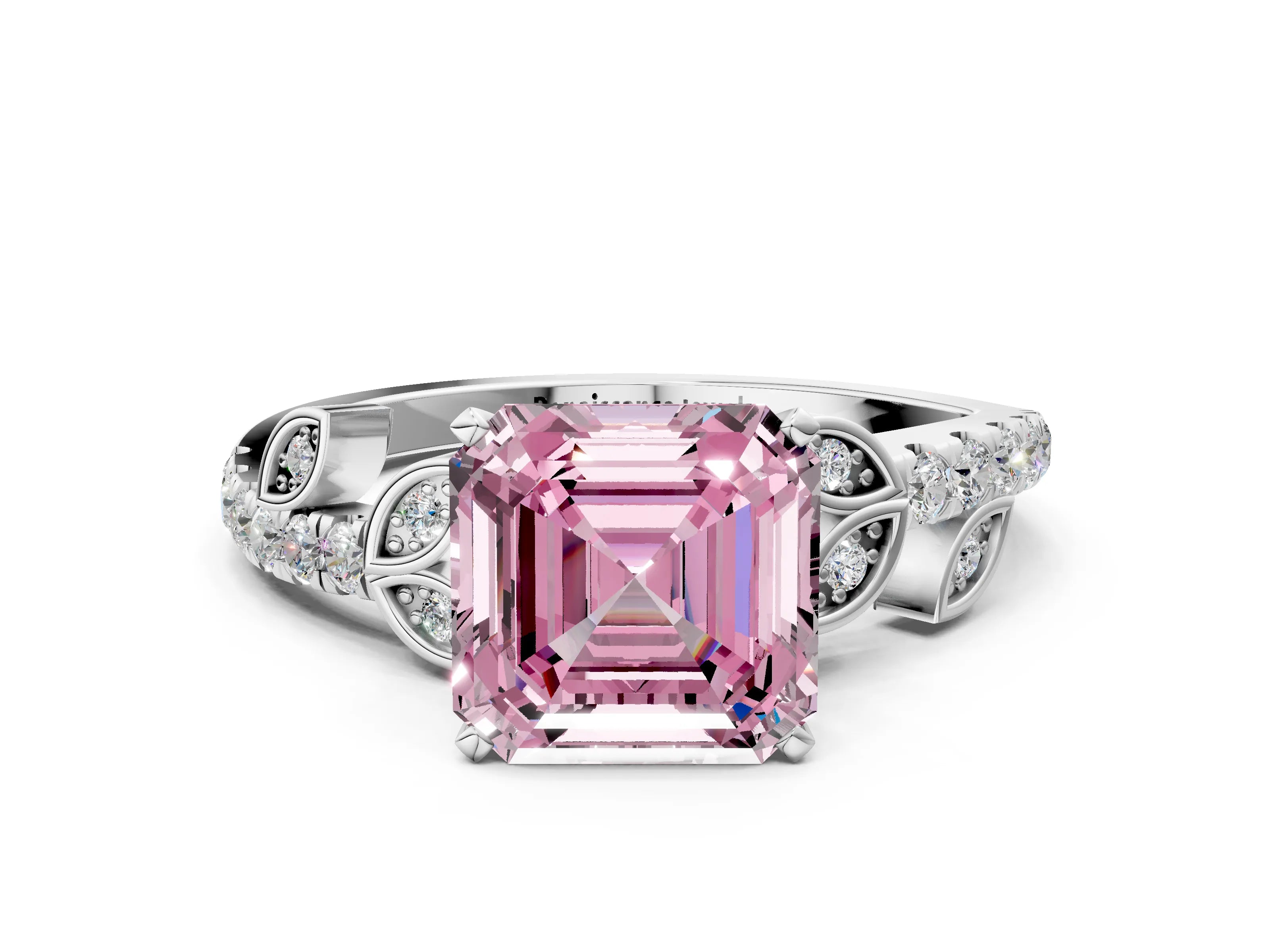 White gold Fancy Pink Asscher Cut Solitaire Leaf-Inspired Diamond Ring with Pavé Band and Four-Prong Setting_12