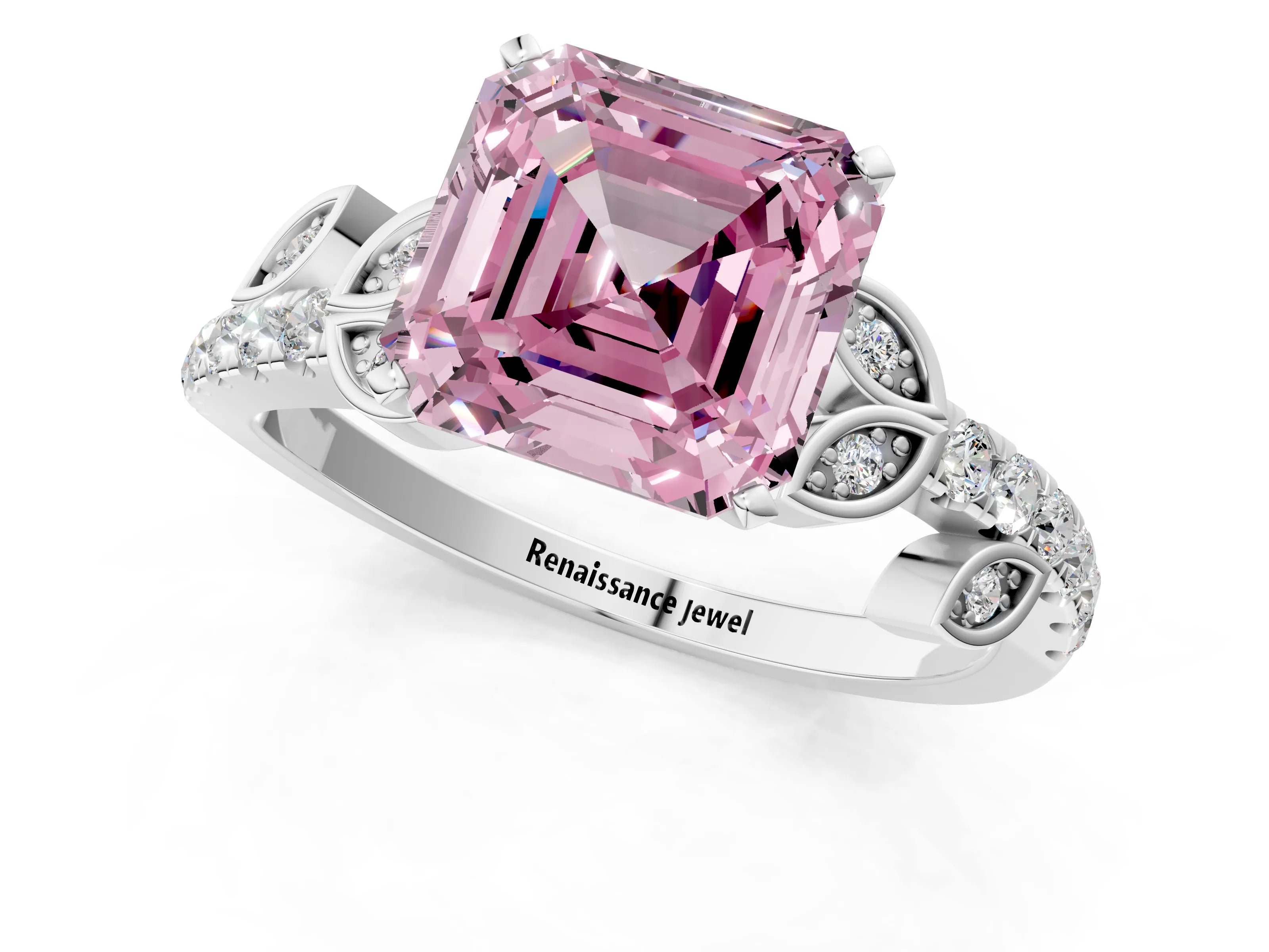 White gold Fancy Pink Asscher Cut Solitaire Leaf-Inspired Diamond Ring with Pavé Band and Four-Prong Setting_13