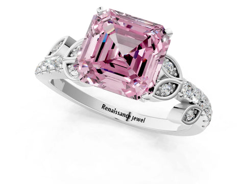 White gold Fancy Pink Asscher Cut Solitaire Leaf-Inspired Diamond Ring with Pavé Band and Four-Prong Setting_13