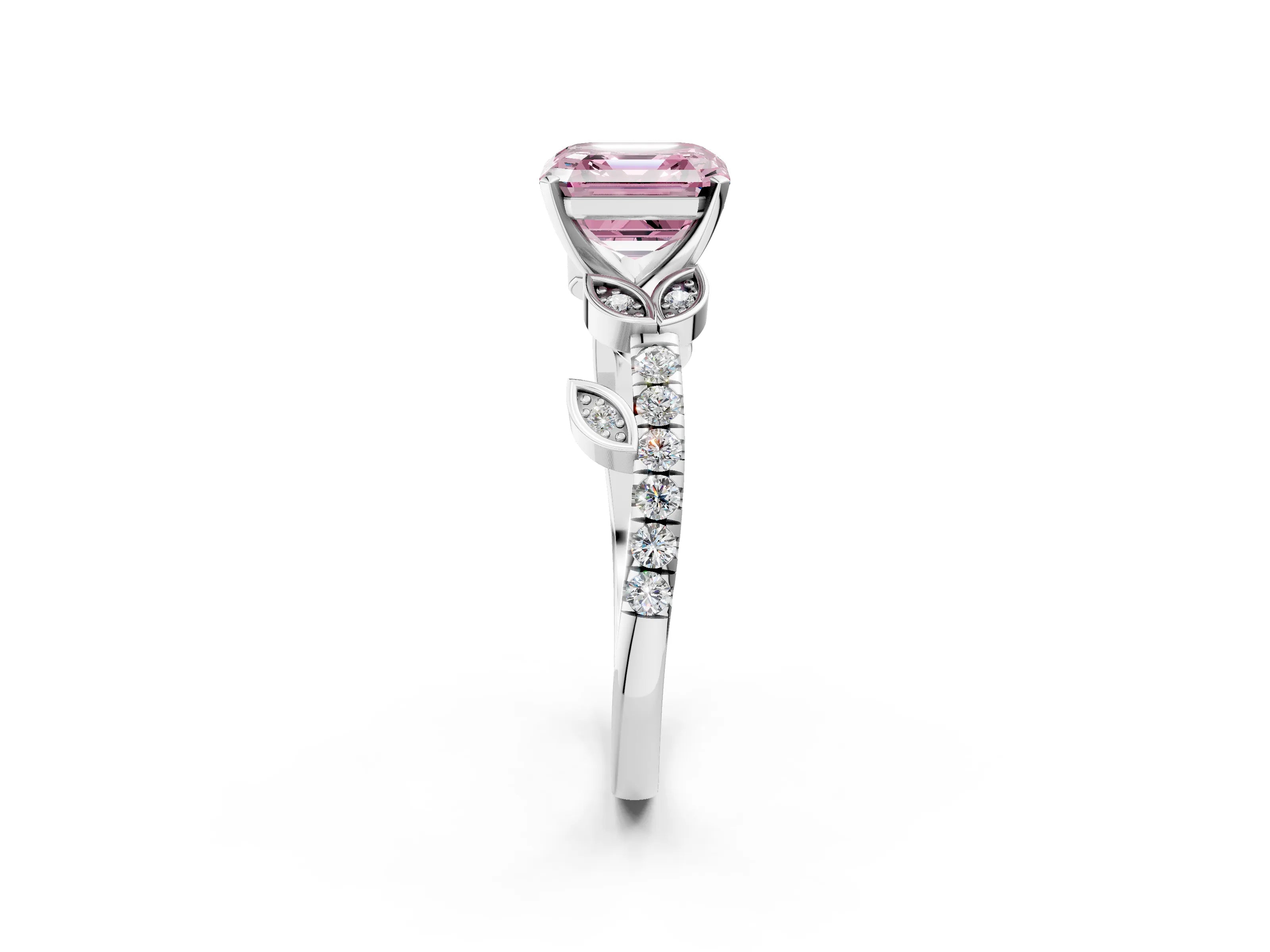 White gold Fancy Pink Asscher Cut Solitaire Leaf-Inspired Diamond Ring with Pavé Band and Four-Prong Setting_14