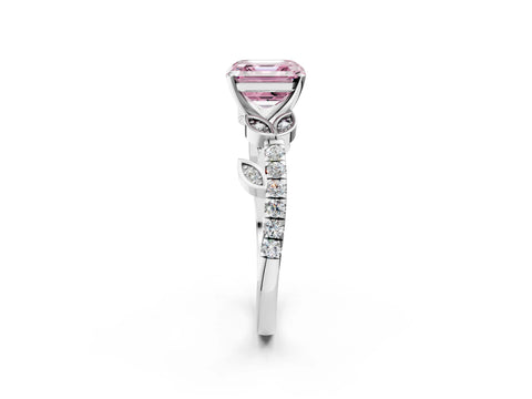 White gold Fancy Pink Asscher Cut Solitaire Leaf-Inspired Diamond Ring with Pavé Band and Four-Prong Setting_14