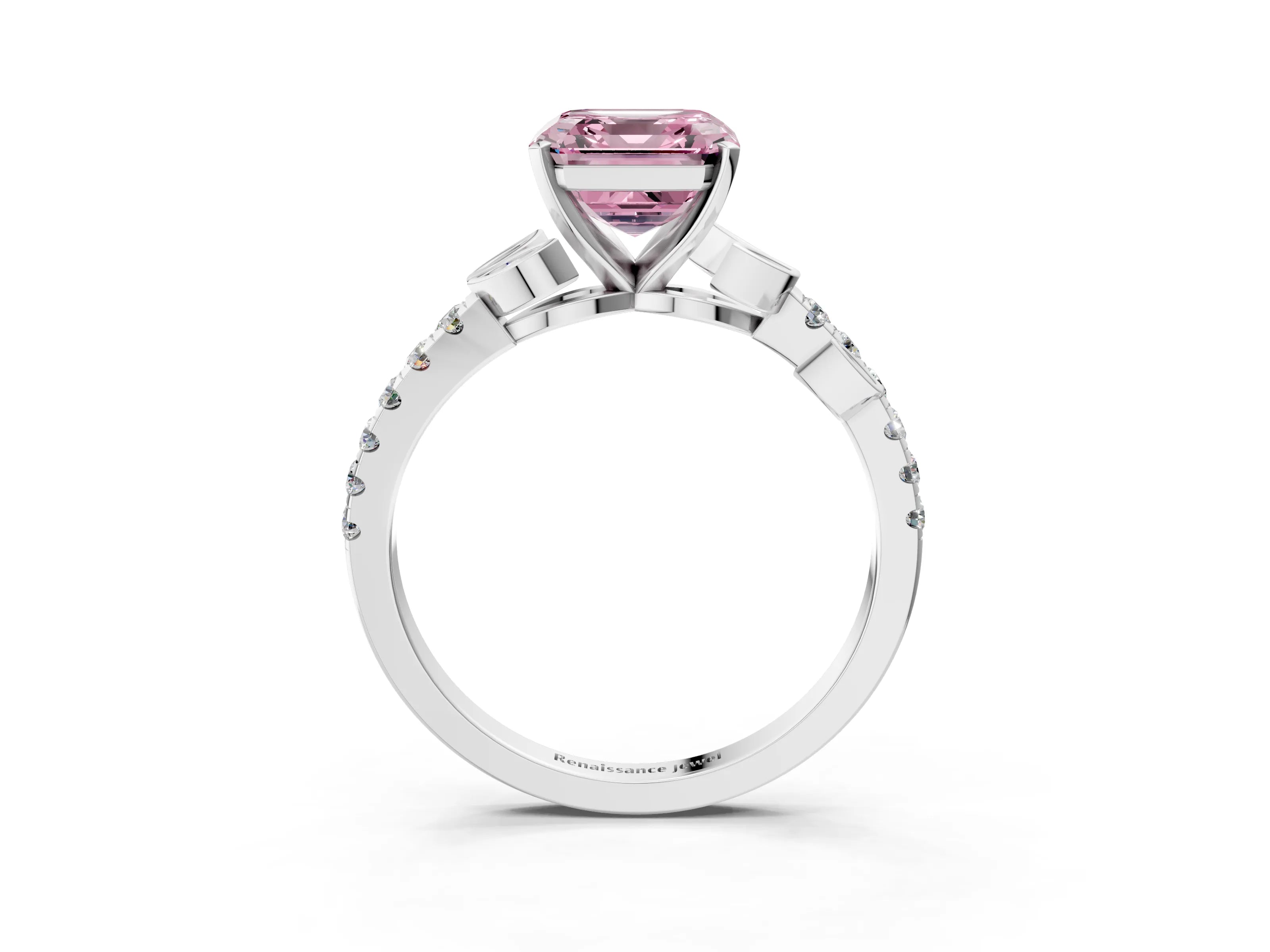 White gold Fancy Pink Asscher Cut Solitaire Leaf-Inspired Diamond Ring with Pavé Band and Four-Prong Setting_15