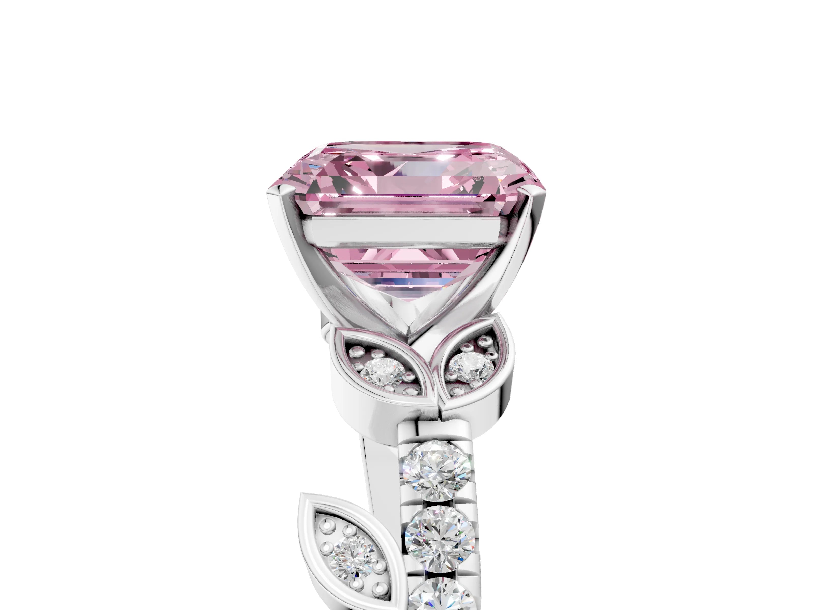 White gold Fancy Pink Asscher Cut Solitaire Leaf-Inspired Diamond Ring with Pavé Band and Four-Prong Setting_17