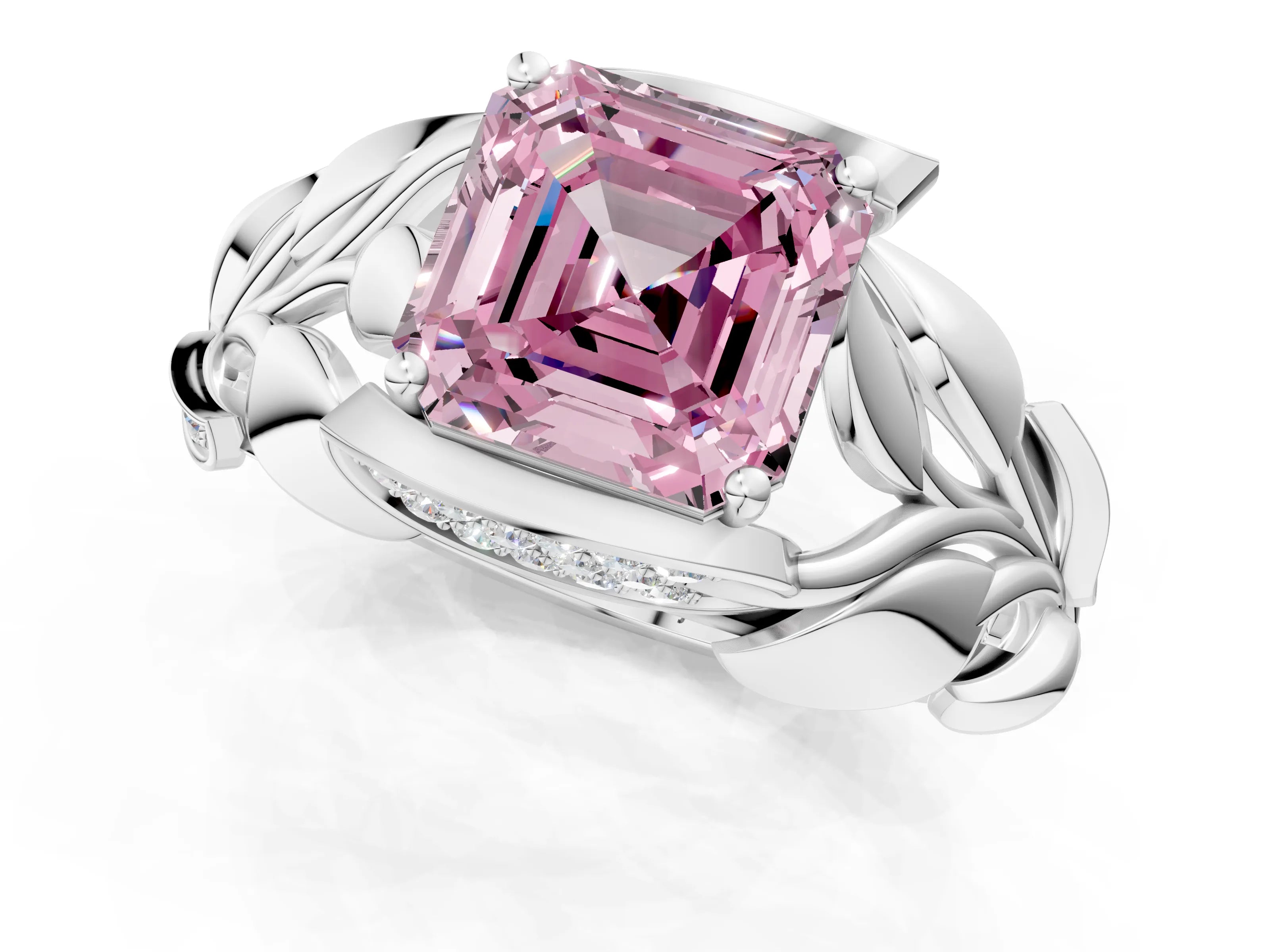 White gold Fancy Pink Asscher Cut Solitaire Leaf-Inspired Engagement Ring with Prong Setting_1