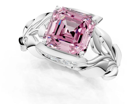 White gold Fancy Pink Asscher Cut Solitaire Leaf-Inspired Engagement Ring with Prong Setting_1