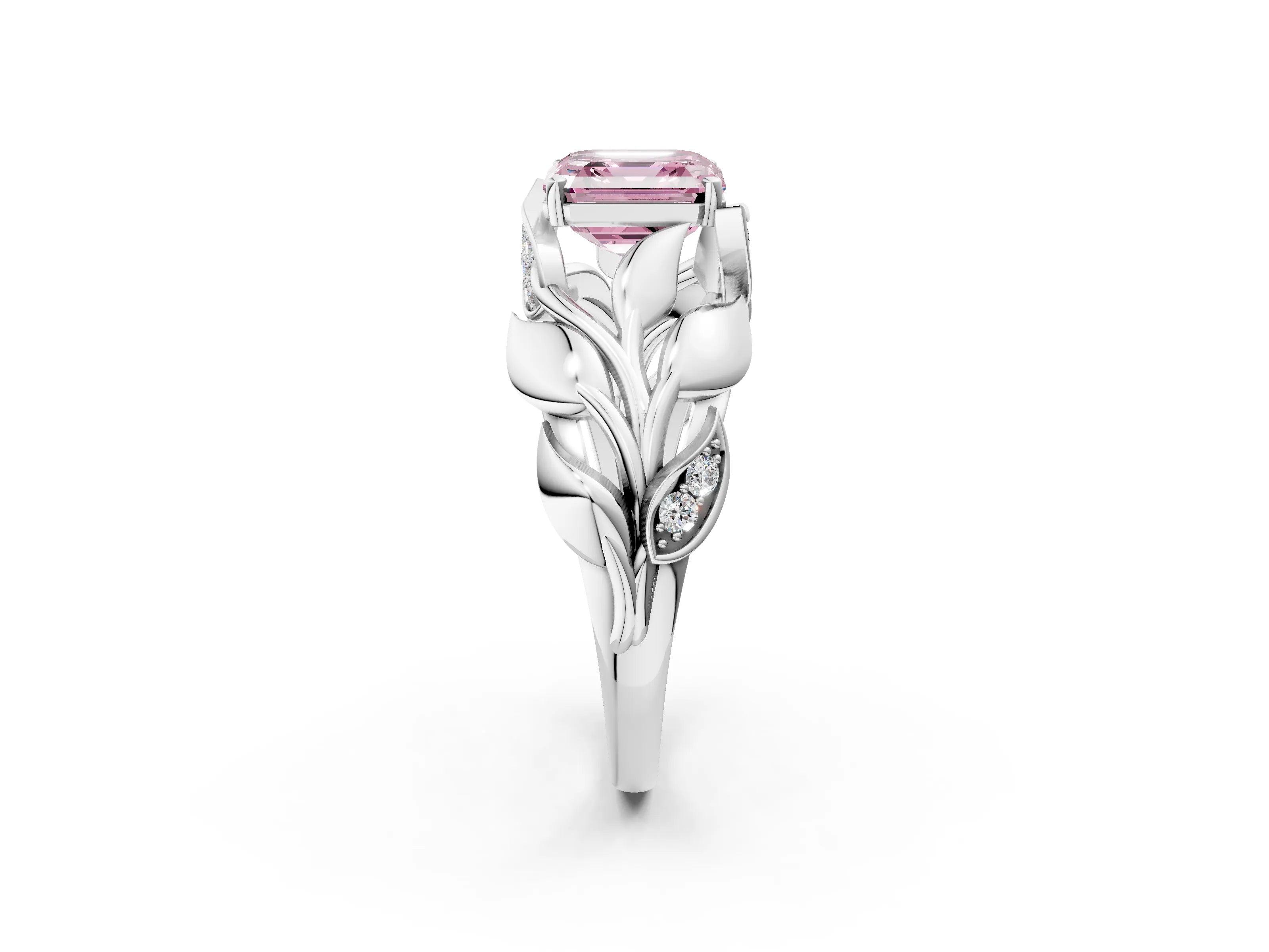 White gold Fancy Pink Asscher Cut Solitaire Leaf-Inspired Engagement Ring with Prong Setting_2