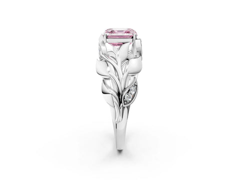 White gold Fancy Pink Asscher Cut Solitaire Leaf-Inspired Engagement Ring with Prong Setting_2