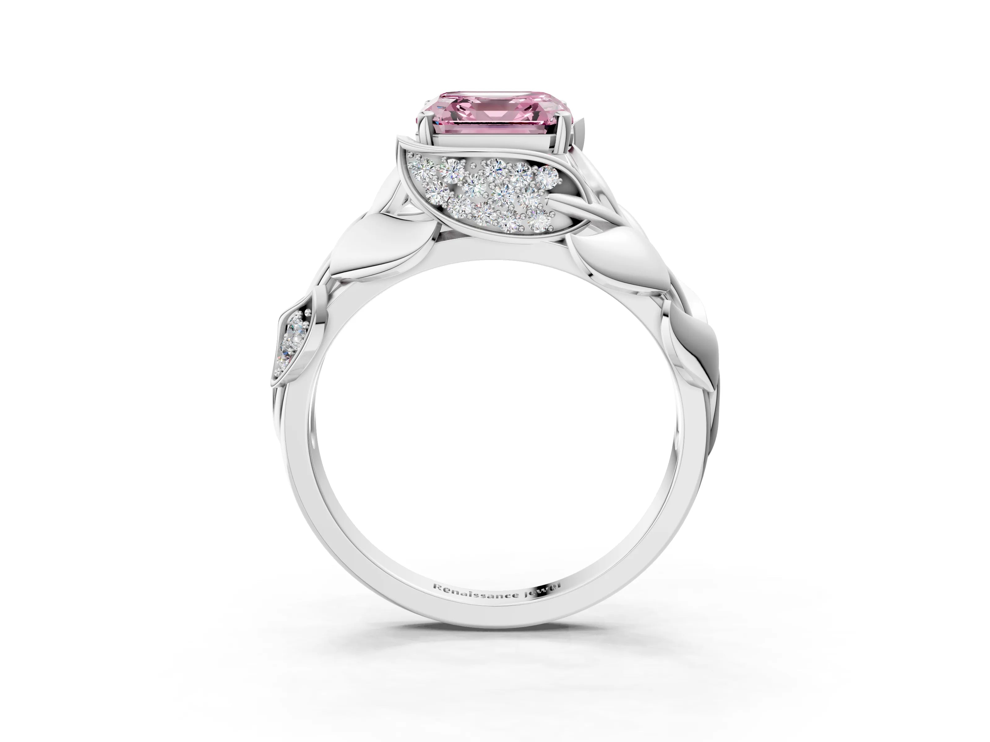 White gold Fancy Pink Asscher Cut Solitaire Leaf-Inspired Engagement Ring with Prong Setting_3