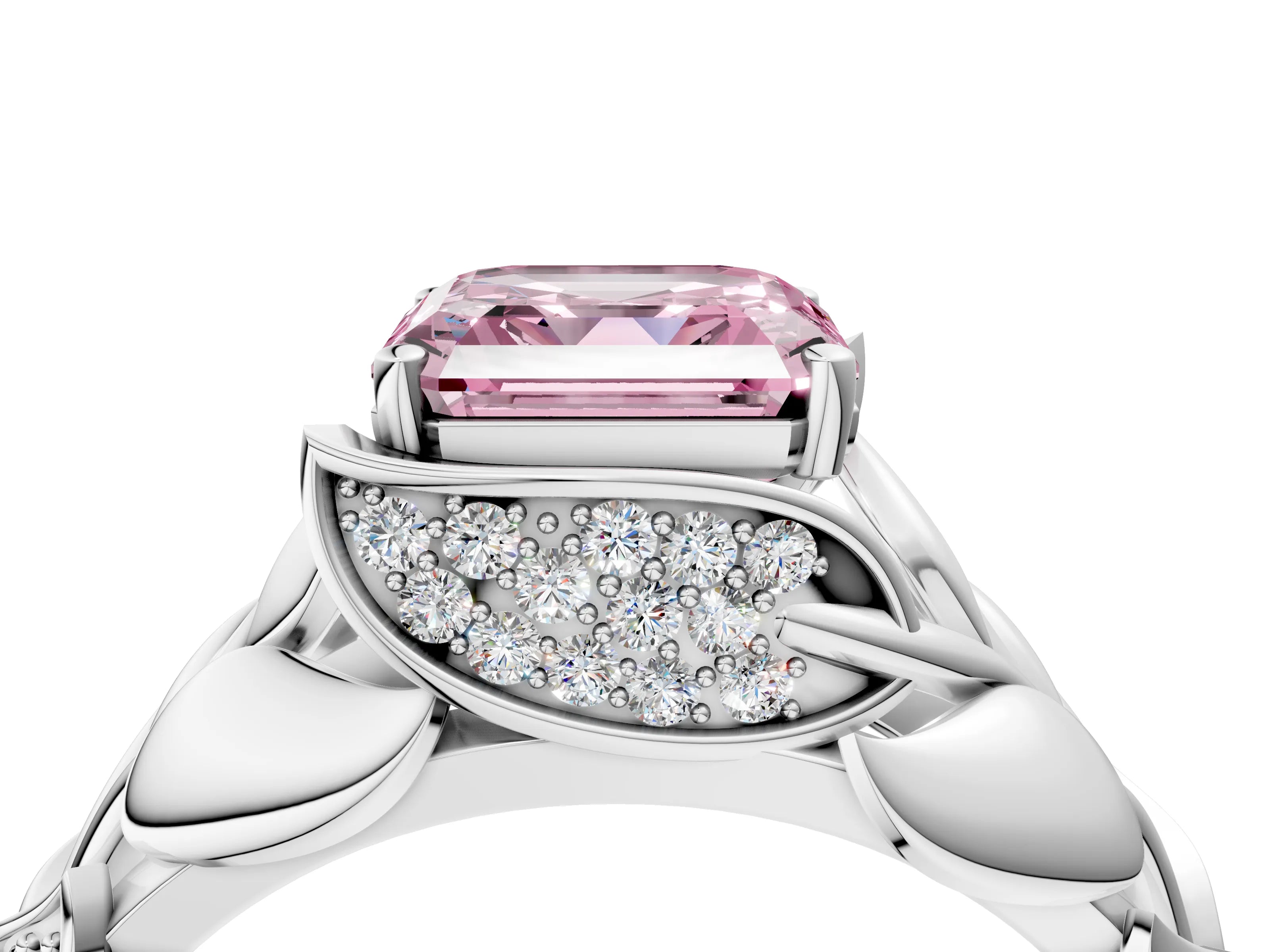 White gold Fancy Pink Asscher Cut Solitaire Leaf-Inspired Engagement Ring with Prong Setting_4
