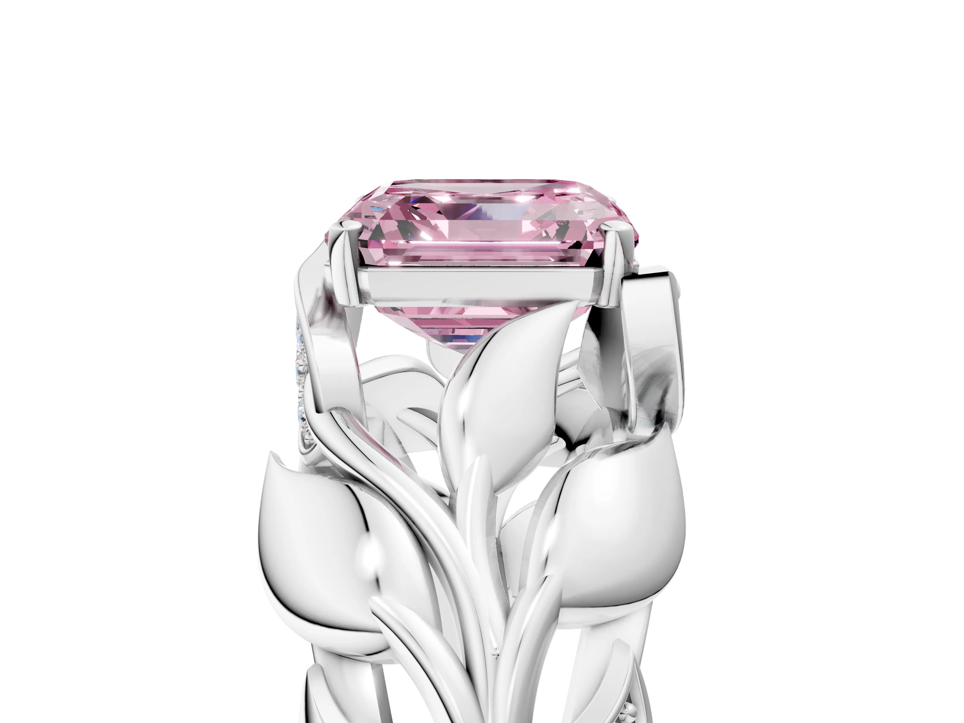 White gold Fancy Pink Asscher Cut Solitaire Leaf-Inspired Engagement Ring with Prong Setting_5