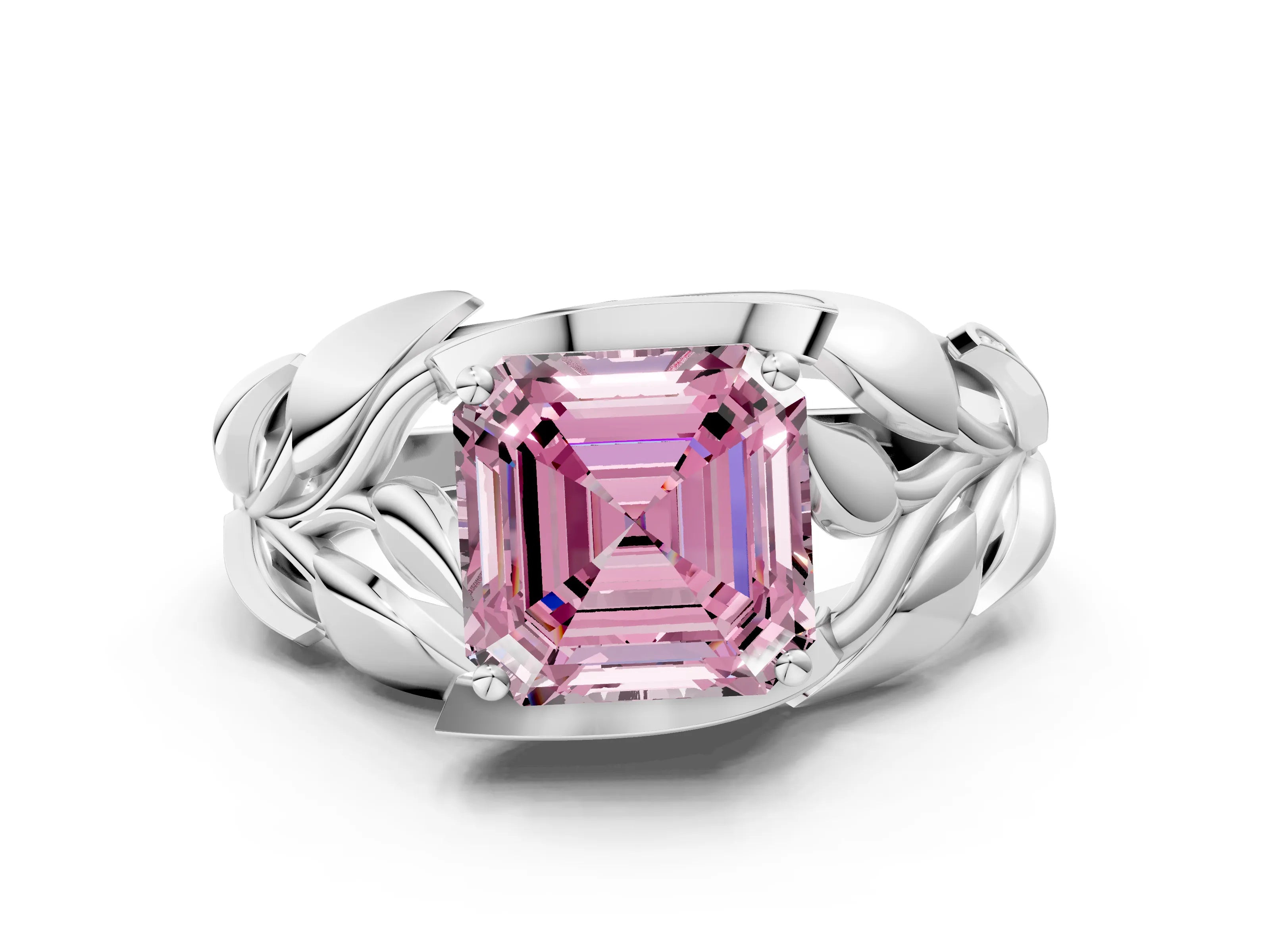 White gold Fancy Pink Asscher Cut Solitaire Leaf-Inspired Engagement Ring with Prong Setting