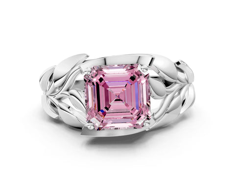White gold Fancy Pink Asscher Cut Solitaire Leaf-Inspired Engagement Ring with Prong Setting