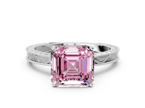White gold Fancy Pink Asscher Cut Solitaire Milgrain Engraved Band with Four-Prong Setting_12