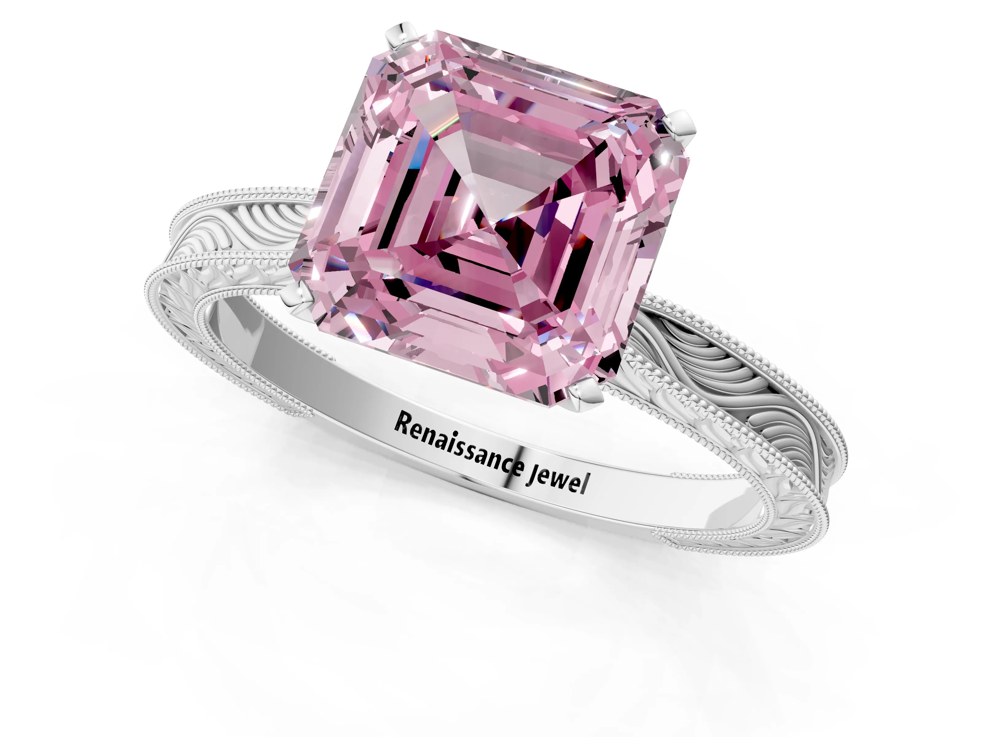 White gold Fancy Pink Asscher Cut Solitaire Milgrain Engraved Band with Four-Prong Setting_13